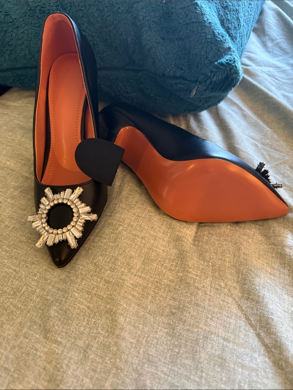 Black Pointed-Toe Heels with Crystal Sunburst Accent